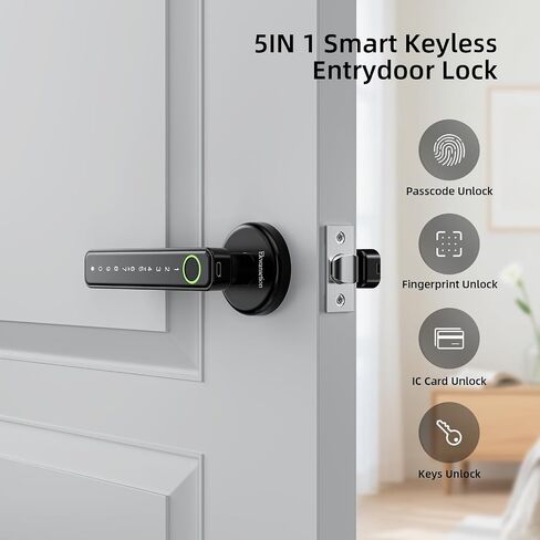 Smart Door Lock with Handle, 4-in-1 Keyless Entry (Fingerprint/Password/IC Card/Key), Type-C Emergency Power, for Bedroom Home Hotel Office Works (Black) in Saudi Arabia