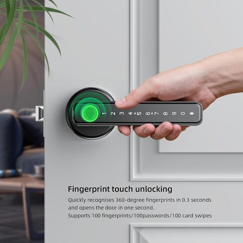 Smart Door Lock with Handle, 4-in-1 Keyless Entry (Fingerprint/Password/IC Card/Key), Type-C Emergency Power, for Bedroom Home Hotel Office Works (Black) in Saudi Arabia