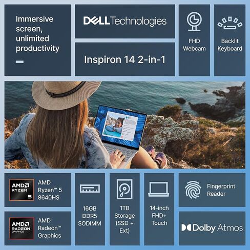 Dell Inspiron 2-in-1 Business Laptop with Lifetime MS Office, 14" FHD+ Touchscreen, AMD Ryzen 5, 32GB RAM, 1.5TB Storage (1TB SSD+500GB Ext), WiFi 6, Backlit Keyboard, MarxsolAccessory, Windows 11 Pro in Kuwait