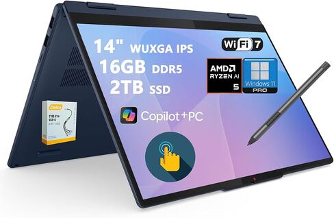 لاب توب لينوفو ايديا باد فليكس 5 2 في 1 | شاشة WUXGA IPS Touch مقاس 14 بوصة | AMD Ryzen AI 5 340 (ما يصل إلى 50 قطعة علوية) | 16 جيجابايت DDR5 1 تيرابايت SSD | Copilot+ PC for Creator Designer Business Professional Win11 مع ملحق DLCA in Kuwait