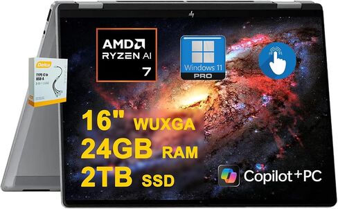 HP OmniBook X Flip Copilot+ AI PC 2-in-1 Laptop | 16" WUXGA Touch (400nits) | AMD 8-core Ryzen AI 7 350 (Up to 50 Tops) | 24GB DDR5 1TB SSD | Backlit 5MP IR Privacy Camera Win11Pro w/DLCA Accessory in Saudi Arabia