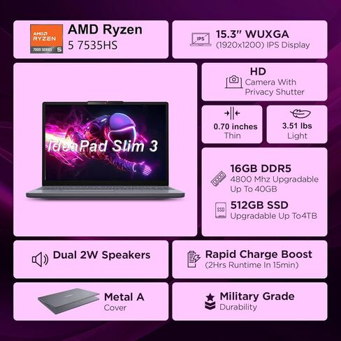 كمبيوتر محمول للألعاب Lenovo مقاس 15 بوصة، AMD Ryzen 5 7535HS، ذاكرة الوصول العشوائي DDR5 سعة 16 جيجابايت، 1 تيرابايت PCIe SSD، Radeon 660M، FHD+ Copilot AI PC، WiFi 6، Bluetooth 5.3، Type-C، HDMI، Luna Grey، Windows 11 Home in Kuwait