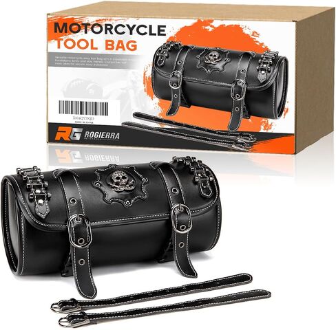 7.9L Universal Motorcycle Tool Bag, PU Leather Roll Saddlebag for Handlebar & Front Fork,Waterproof Storage Pouch with Skull Design, for Harley Bikes in Saudi Arabia