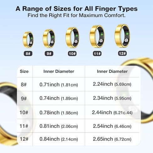 Smart Health Tracking Ring, Sleep Monitoring Ring, with Heart Rate Sensor, Waterproof Activity Tracker, Unisex, Compatible with iOS and Android Systems, 5ATM Waterproof Rating (Gold, 9) in Saudi Arabia
