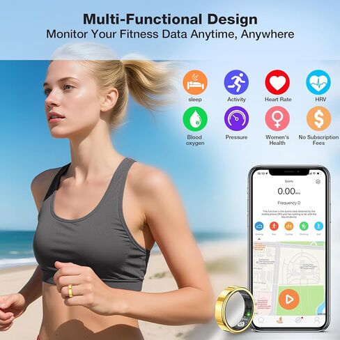 Smart Health Tracking Ring, Sleep Monitoring Ring, with Heart Rate Sensor, Waterproof Activity Tracker, Unisex, Compatible with iOS and Android Systems, 5ATM Waterproof Rating (Gold, 9) in Saudi Arabia