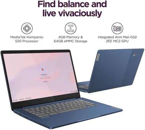 Lenovo IdeaPad Slim 3 Chromebook • شاشة 14 بوصة FHD 250nits • معالج MediaTek Kompanio 520 CPU (8 النواة) • 4 جيجابايت LPDDR4X • 64 جيجابايت eMMC وبطاقة Micro SD 256 جيجابايت • Wi-Fi 6 • نظام تشغيل Chrome • الملحقات in Kuwait