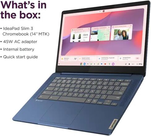 Lenovo IdeaPad Slim 3 Chromebook • شاشة 14 بوصة FHD 250nits • معالج MediaTek Kompanio 520 CPU (8 النواة) • 4 جيجابايت LPDDR4X • 64 جيجابايت eMMC وبطاقة Micro SD 256 جيجابايت • Wi-Fi 6 • نظام تشغيل Chrome • الملحقات in Kuwait