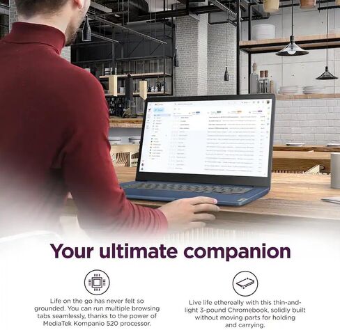 Lenovo IdeaPad Slim 3 Chromebook • شاشة 14 بوصة FHD 250nits • معالج MediaTek Kompanio 520 CPU (8 النواة) • 4 جيجابايت LPDDR4X • 64 جيجابايت eMMC وبطاقة Micro SD 256 جيجابايت • Wi-Fi 6 • نظام تشغيل Chrome • الملحقات in Kuwait