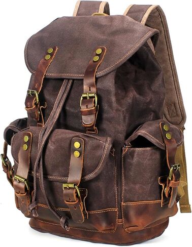 حقيبة ظهر جلدية من Huachen Vintage Canvas: حقيبة حديدية واسعة للرجال والنساء ، مثالية للسفر والحياة الجامعية - M86 Army Green Coffee in Kuwait