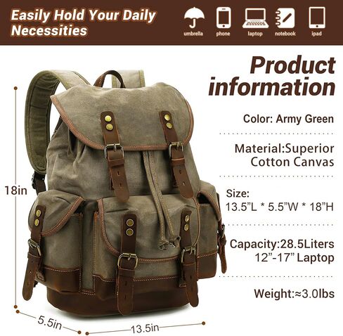 حقيبة ظهر جلدية من Huachen Vintage Canvas: حقيبة حديدية واسعة للرجال والنساء ، مثالية للسفر والحياة الجامعية - M86 Army Green Coffee in Kuwait