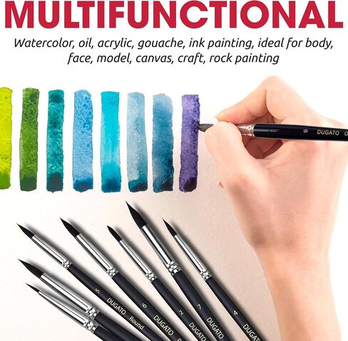 DUGATO 10pcs Watercolor Detail Paint Brushes, Synthetic Goat Hair Round Pointed Tip Set, Perfect Art Painting Brushes for Watercolor Acrylics Ink Gouache Oil Tempera & Fine Detailing in Kuwait