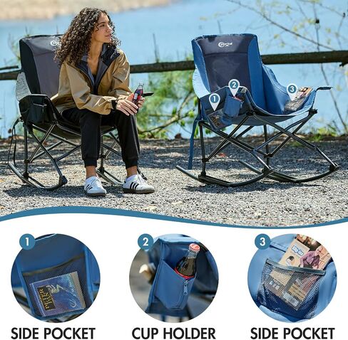 PORTAL Folding Rocking Chair, Oversized Camping Rocker Outdoor with High Back Hard Armrest, Support 300lbs (Blue) in Saudi Arabia