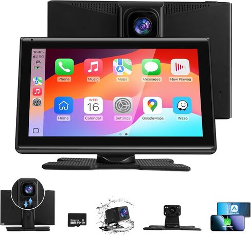 7" Wireless CarPlay Screen for Car- 4K Touchscreen, 4K Dash Cam &1080P Rear Camera，64GB SD Card，Apple CarPlay & Android Auto, Bluetooth, GPS, Voice Control, Plug-and-Play with FM/AUX/Mirror Link in Kuwait