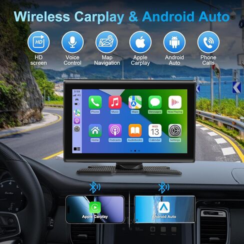 7" Wireless CarPlay Screen for Car- 4K Touchscreen, 4K Dash Cam &1080P Rear Camera，64GB SD Card，Apple CarPlay & Android Auto, Bluetooth, GPS, Voice Control, Plug-and-Play with FM/AUX/Mirror Link in Kuwait
