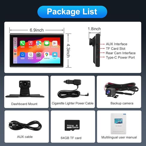 7" Wireless CarPlay Screen for Car- 4K Touchscreen, 4K Dash Cam &1080P Rear Camera，64GB SD Card，Apple CarPlay & Android Auto, Bluetooth, GPS, Voice Control, Plug-and-Play with FM/AUX/Mirror Link in Kuwait