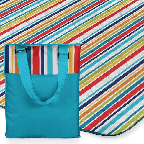 ONIVA - a Picnic Time brand - Vista Outdoor Picnic Blanket & Tote - Beach Blanket - Camping Blanket, (Fun Stripe Pattern with Aqua Blue Exterior) in Saudi Arabia