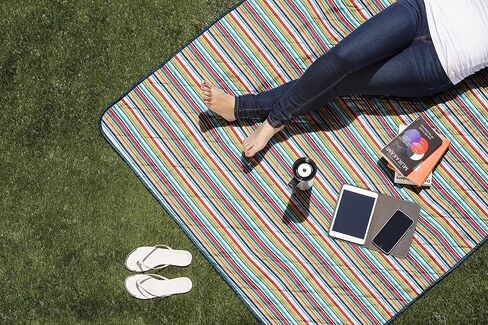 ONIVA - a Picnic Time brand - Vista Outdoor Picnic Blanket & Tote - Beach Blanket - Camping Blanket, (Fun Stripe Pattern with Aqua Blue Exterior) in Saudi Arabia