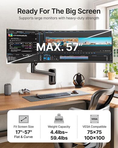 monTEK 17-49 inch Single Monitor Wall Mount for up to 44 lbs Ultrawide Screen, Premium Aluminum Heavy Duty Monitor Arm with Adjustable Gas Spring Arm, 75x75/100x100 VESA Mount, Black in Saudi Arabia