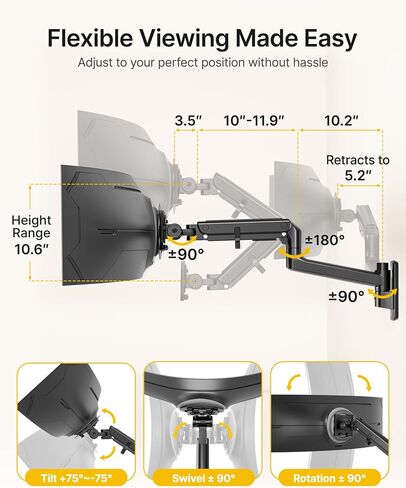 monTEK 17-49 inch Single Monitor Wall Mount for up to 44 lbs Ultrawide Screen, Premium Aluminum Heavy Duty Monitor Arm with Adjustable Gas Spring Arm, 75x75/100x100 VESA Mount, Black in Saudi Arabia