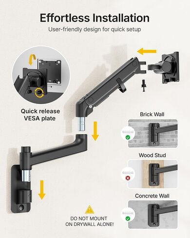 monTEK 17-49 inch Single Monitor Wall Mount for up to 44 lbs Ultrawide Screen, Premium Aluminum Heavy Duty Monitor Arm with Adjustable Gas Spring Arm, 75x75/100x100 VESA Mount, Black in Saudi Arabia