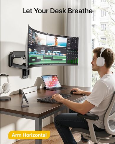 monTEK 17-49 inch Single Monitor Wall Mount for up to 44 lbs Ultrawide Screen, Premium Aluminum Heavy Duty Monitor Arm with Adjustable Gas Spring Arm, 75x75/100x100 VESA Mount, Black in Saudi Arabia