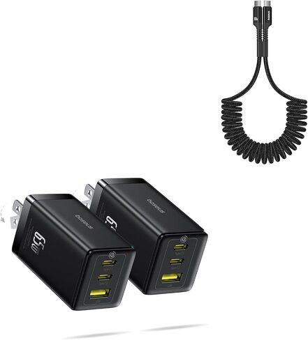 Baseus 2 Pack 65W USB C Charger Block، PPS 3-Port Fast Compact Foldable USB C Charger and Baseus 100W 5A Fast Charging USBC Car Cable - متوافق مع iPhone 17 / Pro / Plus / Pro Max in Saudi Arabia