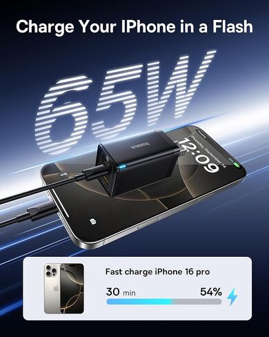 Baseus 2 Pack 65W USB C Charger Block، PPS 3-Port Fast Compact Foldable USB C Charger and Baseus 100W 5A Fast Charging USBC Car Cable - متوافق مع iPhone 17 / Pro / Plus / Pro Max in Saudi Arabia
