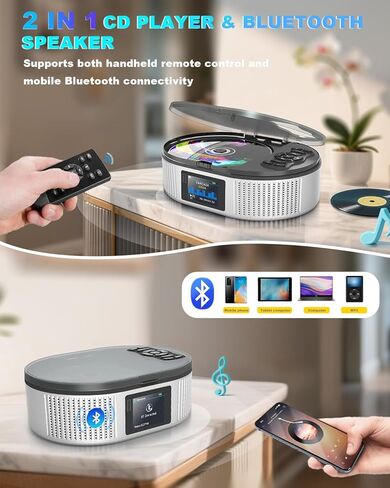 Portable CD Player with Dual Stereo Speakers, 4000mAh Rechargeable Desktop Bluetooth 5.3 Boombox for Home & Car, FM Radio, LCD Screen, AUX/USB/Headphone Jack in Kuwait