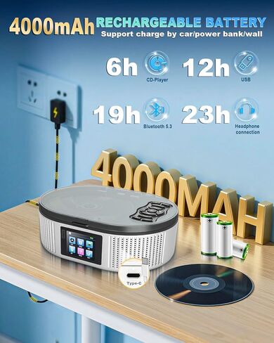 Portable CD Player with Dual Stereo Speakers, 4000mAh Rechargeable Desktop Bluetooth 5.3 Boombox for Home & Car, FM Radio, LCD Screen, AUX/USB/Headphone Jack in Kuwait