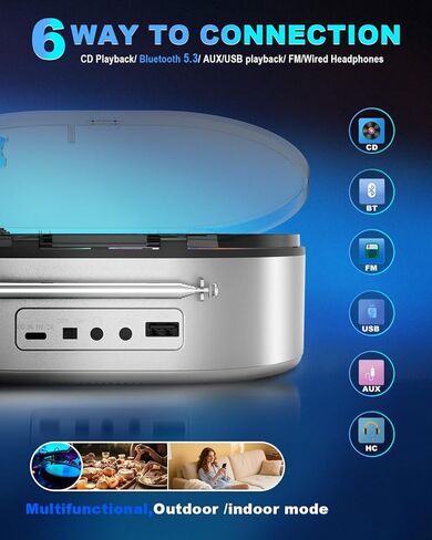 Portable CD Player with Dual Stereo Speakers, 4000mAh Rechargeable Desktop Bluetooth 5.3 Boombox for Home & Car, FM Radio, LCD Screen, AUX/USB/Headphone Jack in Kuwait