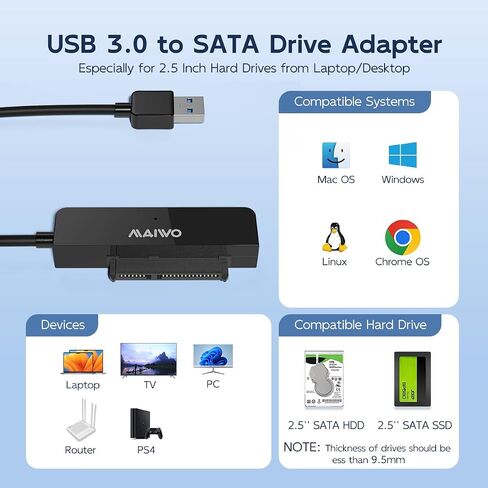 MAIWO SATA to USB Cable, 2.5 inch SATA SSD/HDD to USB 3.0 Adapter, External Hard Drive Converter Reader for 2.5 inch sata I/II/III SSD/HDD, 8TB Capacity (White) in Kuwait