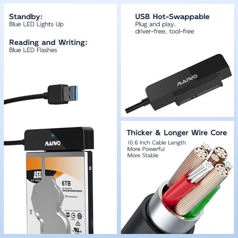 MAIWO SATA to USB Cable, 2.5 inch SATA SSD/HDD to USB 3.0 Adapter, External Hard Drive Converter Reader for 2.5 inch sata I/II/III SSD/HDD, 8TB Capacity (White) in Kuwait