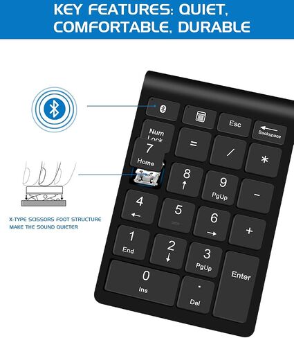 Bluetooth Wireless Numeric Keypad, Portable 22-Key Number Pad, for Laptop, PC, Des ktop, Surface Pro, Notebook, Black in Saudi Arabia