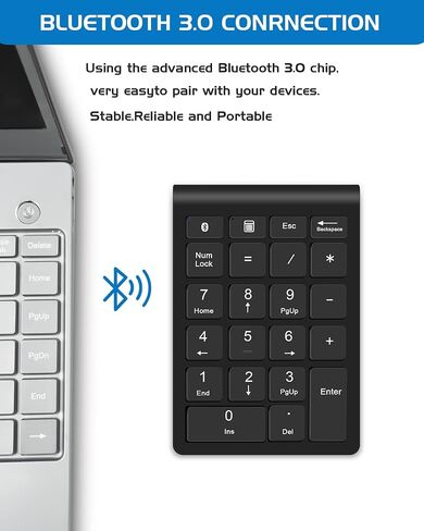 Bluetooth Wireless Numeric Keypad, Portable 22-Key Number Pad, for Laptop, PC, Des ktop, Surface Pro, Notebook, Black in Saudi Arabia