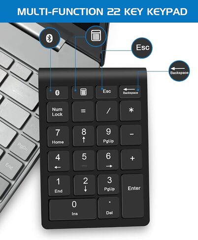 Bluetooth Wireless Numeric Keypad, Portable 22-Key Number Pad, for Laptop, PC, Des ktop, Surface Pro, Notebook, Black in Saudi Arabia
