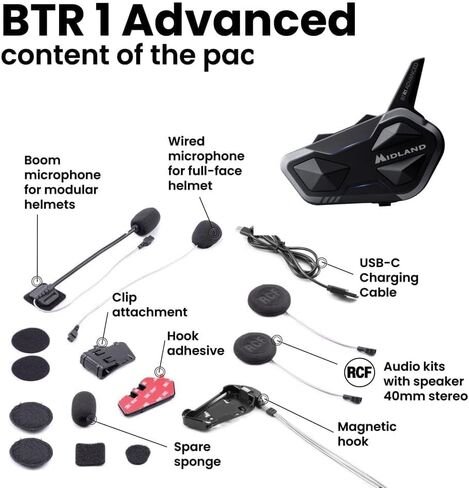 سماعة بلوتوث ميدلاند BTR1 المتقدمة للدراجات النارية - نظام اتصال داخلي 4 رايدر مع ميكروفون سلكي وبوم، صوت RCF HD، مشاركة الموسيقى، إلغاء الضوضاء DNK، راديو FM، مقاوم للماء IPX6 (عبوتان، أسود) in Saudi Arabia