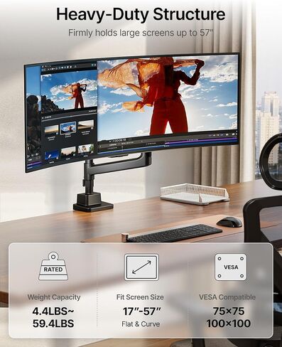 monTEK Heavy-Duty Single Monitor Arm for 17-57 inch, up to 59.4lbs Ultrawide Screens,Gas Spring Dual Curved Adjustable Monitor Stand for Desk,75/100mm VESA Mount with USB，Black in Saudi Arabia