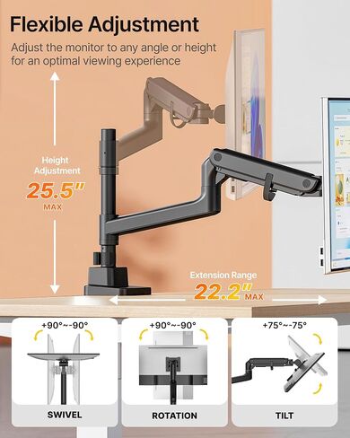 monTEK Heavy-Duty Single Monitor Arm for 17-57 inch, up to 59.4lbs Ultrawide Screens,Gas Spring Dual Curved Adjustable Monitor Stand for Desk,75/100mm VESA Mount with USB，Black in Saudi Arabia