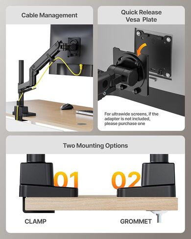 monTEK Heavy-Duty Single Monitor Arm for 17-57 inch, up to 59.4lbs Ultrawide Screens,Gas Spring Dual Curved Adjustable Monitor Stand for Desk,75/100mm VESA Mount with USB，Black in Saudi Arabia