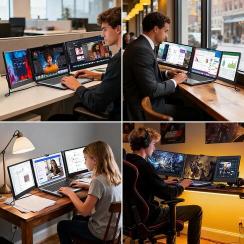 موسع شاشة الكمبيوتر المحمول، شاشة محمولة مقاس 14 بوصة FHD 1080P IPS لأجهزة الكمبيوتر المحمول، شاشة موسع ثلاثية للشاشة تعمل بالتوصيل لأجهزة Mac/Windows/Chrome، تناسب أجهزة الكمبيوتر المحمولة مقاس 13 بوصة - 17.3 بوصة in Kuwait