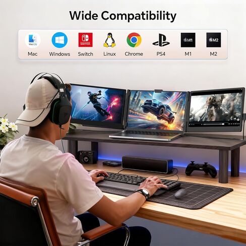 موسع شاشة الكمبيوتر المحمول، شاشة محمولة مقاس 14 بوصة FHD 1080P IPS لأجهزة الكمبيوتر المحمول، شاشة موسع ثلاثية للشاشة تعمل بالتوصيل لأجهزة Mac/Windows/Chrome، تناسب أجهزة الكمبيوتر المحمولة مقاس 13 بوصة - 17.3 بوصة in Kuwait