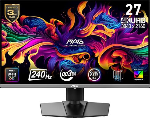 شاشة ألعاب MSI MAG 272UP QD-OLED X24 مقاس 26.5 بوصة 3840 × 2160 (UHD)، 240 هرتز، AMD Adaptive-Sync، HDR جاهز، HDMI، منفذ VGA، قابل للتركيب، قابل للإمالة، إطار نحيف من 4 جوانب، 0.03 مللي ثانية، أسود in Kuwait