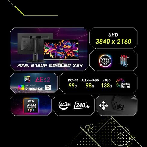 شاشة ألعاب MSI MAG 272UP QD-OLED X24 مقاس 26.5 بوصة 3840 × 2160 (UHD)، 240 هرتز، AMD Adaptive-Sync، HDR جاهز، HDMI، منفذ VGA، قابل للتركيب، قابل للإمالة، إطار نحيف من 4 جوانب، 0.03 مللي ثانية، أسود in Kuwait