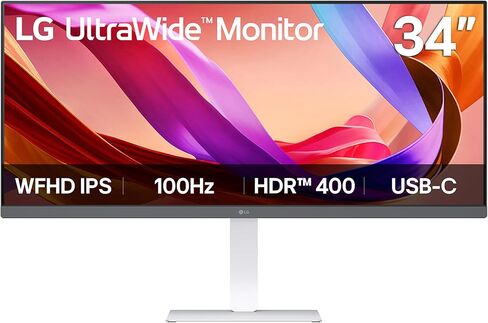 LG 34U530A-W شاشة كمبيوتر عريضة مقاس 34 بوصة WFHD (2560 × 1080) IPS عريضة، 100 هرتز، VESA DisplayHDR 400، HDMI، منفذ DisplayPort، USB من النوع C، حامل إمالة/ارتفاع/دوار، أبيض in Kuwait