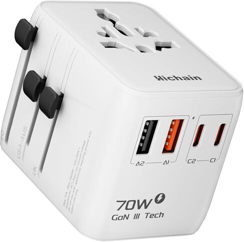 Hichain 70W GaN محول السفر العالمي، محول قابس السفر الأوروبي 2 USB-A و2 USB-C شحن سريع محول السفر الكل في واحد محول الطاقة الدولي للولايات المتحدة الأمريكية والاتحاد الأوروبي والمملكة المتحدة AUS أساسيات السفر الأبيض in Kuwait