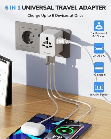 Hichain 70W GaN محول السفر العالمي، محول قابس السفر الأوروبي 2 USB-A و2 USB-C شحن سريع محول السفر الكل في واحد محول الطاقة الدولي للولايات المتحدة الأمريكية والاتحاد الأوروبي والمملكة المتحدة AUS أساسيات السفر الأبيض in Kuwait