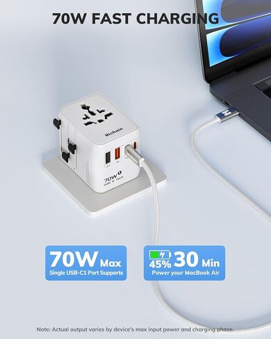 Hichain 70W GaN محول السفر العالمي، محول قابس السفر الأوروبي 2 USB-A و2 USB-C شحن سريع محول السفر الكل في واحد محول الطاقة الدولي للولايات المتحدة الأمريكية والاتحاد الأوروبي والمملكة المتحدة AUS أساسيات السفر الأبيض in Kuwait