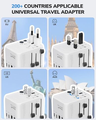 Hichain 70W GaN محول السفر العالمي، محول قابس السفر الأوروبي 2 USB-A و2 USB-C شحن سريع محول السفر الكل في واحد محول الطاقة الدولي للولايات المتحدة الأمريكية والاتحاد الأوروبي والمملكة المتحدة AUS أساسيات السفر الأبيض in Kuwait