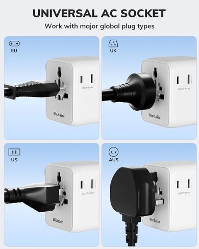 Hichain 70W GaN محول السفر العالمي، محول قابس السفر الأوروبي 2 USB-A و2 USB-C شحن سريع محول السفر الكل في واحد محول الطاقة الدولي للولايات المتحدة الأمريكية والاتحاد الأوروبي والمملكة المتحدة AUS أساسيات السفر الأبيض in Kuwait