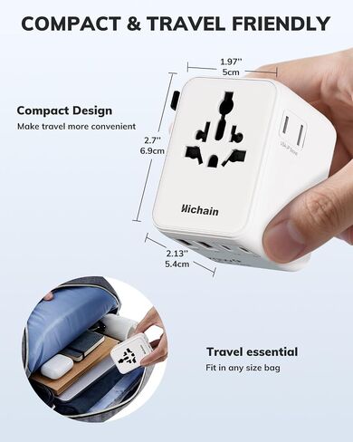 Hichain 70W GaN محول السفر العالمي، محول قابس السفر الأوروبي 2 USB-A و2 USB-C شحن سريع محول السفر الكل في واحد محول الطاقة الدولي للولايات المتحدة الأمريكية والاتحاد الأوروبي والمملكة المتحدة AUS أساسيات السفر الأبيض in Kuwait